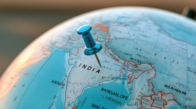 A blue pushpin marks the location of India on a detailed globe, highlighting its geographical position in South Asia.