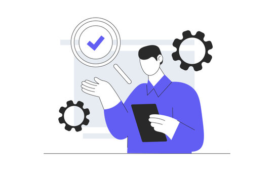 Business Process Optimization and System Efficiency Setup. Male Specialist Holding Tablet with Magnifying Glass Approved Check and Settings Gears Flat Cartoon Vector Illustration icon Stylish abstract