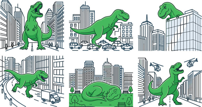 Green dinosaur tyrannosaurus rex destroying city set roaring stepping on cars sleeping in park vector illustration collection