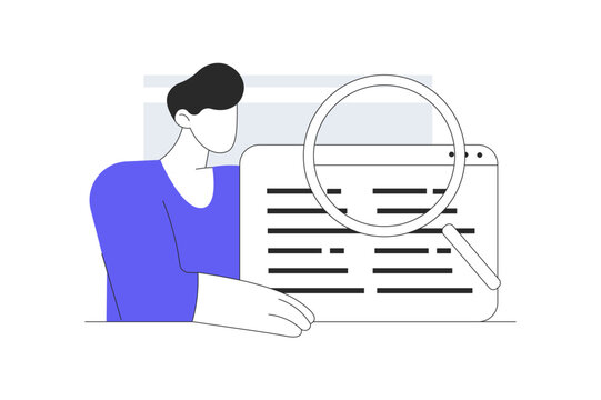 Software Code Quality Assurance and QA Software Inspection. Male Specialist Analyzing Browser Screen Window with Magnifying Glass. Flat Cartoon Vector Illustration icon Stylish abstract design landing