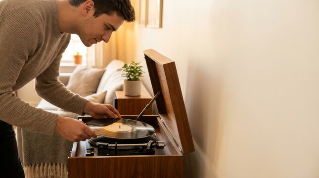 Man Playing Vinyl Record on Turntable in Cozy Living Room
