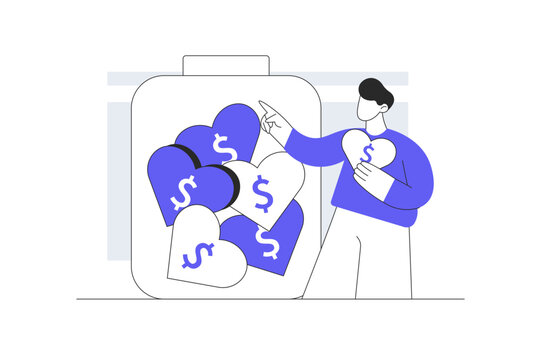 Charity Fundraising Campaign and Volunteer Organization Support. Male Specialist Filling Big Charity Jar with Money Hearts. Flat Cartoon Vector Illustration, icon Stylish abstract design landing page 