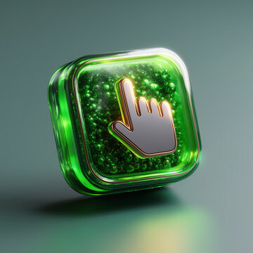 Glossy green hand cursor click icon with metallic silver pointer on a modern background, digital interaction concept for websites, apps, user interface, web navigation and technology
