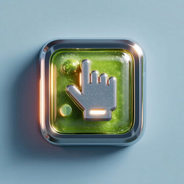 Glossy silver hand cursor click icon inside a green glass button on a modern light blue background, digital interaction concept for websites, apps, user interface, web navigation and technology
