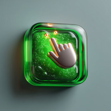Glossy green hand cursor click icon with metallic silver pointer and glowing green background, digital interaction concept for websites, apps, user interface, web navigation and technology
