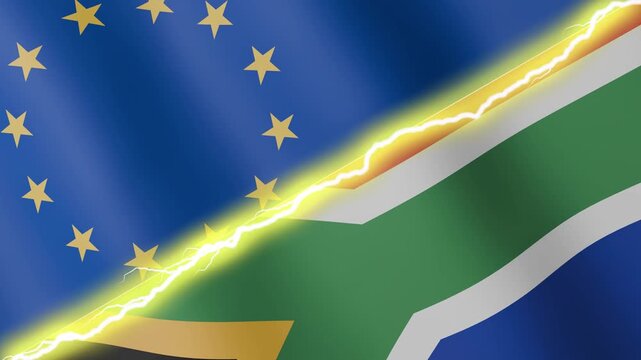 Two waving flags European Union and South Africa with diagonal lightning seamless, 4k loop