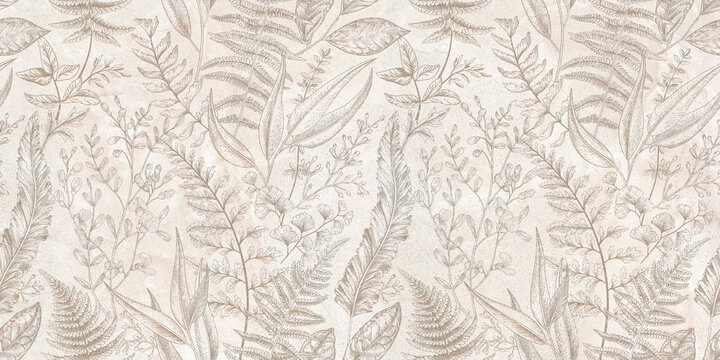 An elegant and delicate hand-drawn floral line art pattern showcasing intricate blooms and vines on a light background white fabric texture