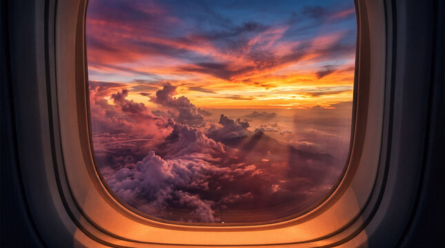 This breathtaking view showcases a stunning sunset from an airplane window, capturing the harmonious blend of colors in the sky above clouds during a tranquil flight experience.
