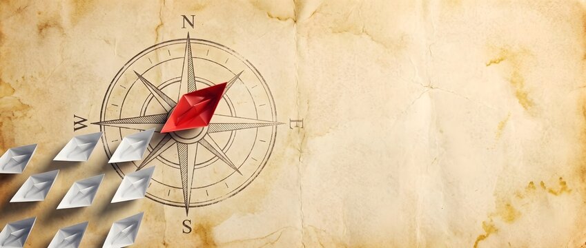 Red paper boat leading white boats on vintage compass rose background with copy space