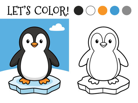 Educational coloring page for children featuring a cute cartoon penguin standing on an ice floe with color guide