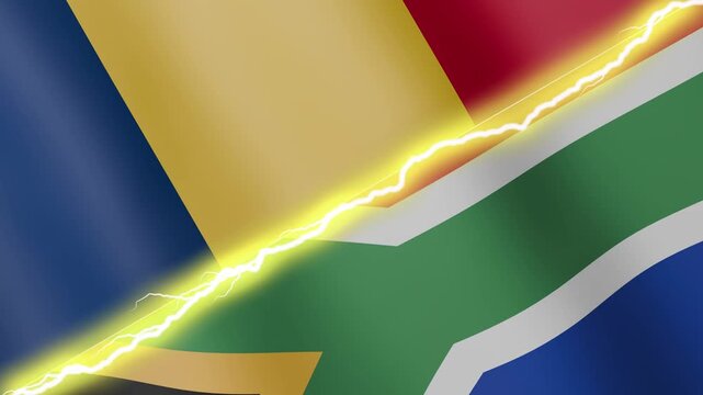 Two waving flags Chad and South Africa with diagonal lightning seamless, 4k loop