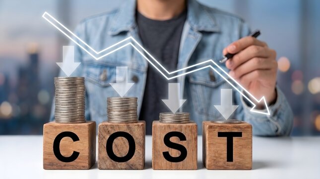 Businessman drawing arrow downwards on wooden blocks with word cost and decreasing stacks of coins