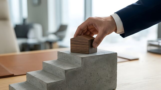 A business person places a small wooden house model on top of concrete stairs in an office