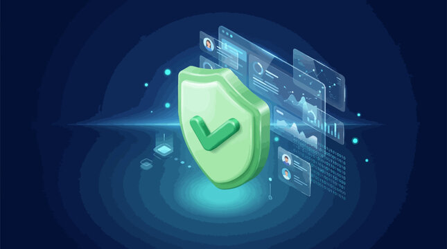 Cybersecurity shield graphic illustration featuring digital checkmark symbol and data analytics interface elements displayed in a vibrant isometric blue theme