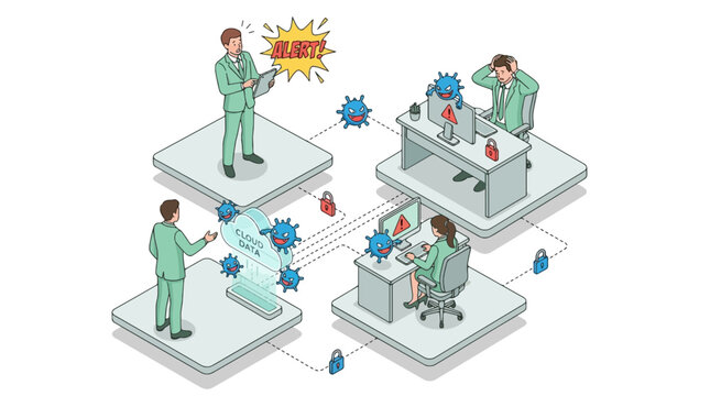 Professional business office staff members managing digital cloud data security breach issues in this detailed flat vector graphic illustration design