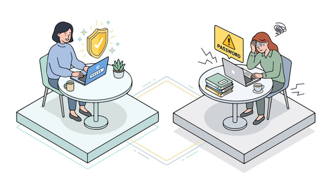 Professional vector illustration comparing digital security success and login failure using a flat colorful graphic design for modern website interfaces