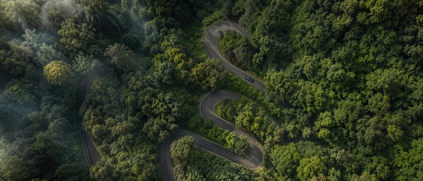 car driving along winding road through dense green tropical rainforest viewed from above