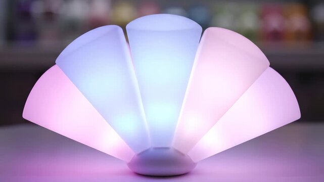 Abstract close-up of a futuristic colorful LED night light glowing pink and blue, creating soft ambiance and modern interior decoration atmosphere.