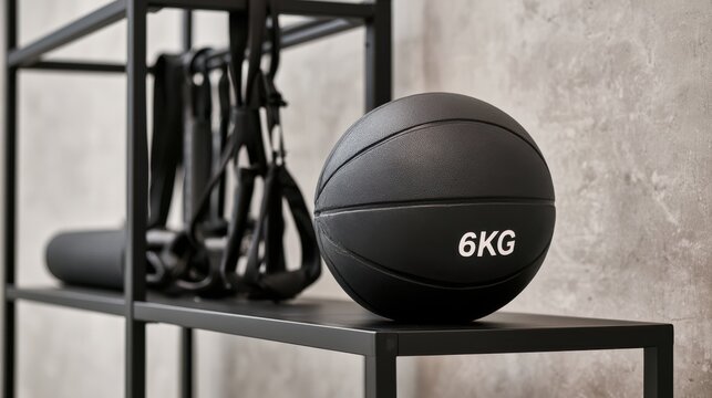 A 6kg black medicine ball sits on a modern black metal shelf with resistance bands and a foam roller in the background, set against a gray textured wall.