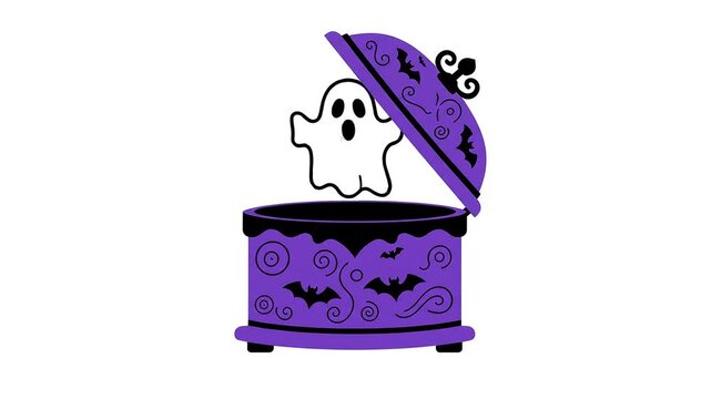 Halloween ghost popping out of purple decorative box animation for seasonal event promo