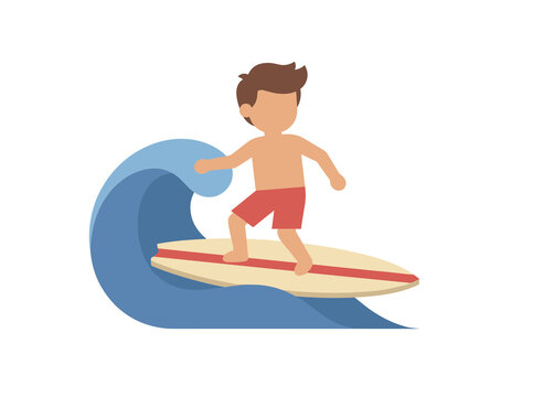 Flat vector illustration of a young boy surfing on an ocean wave