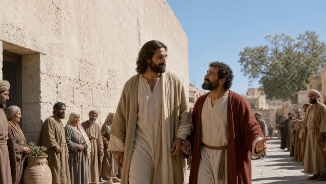 Jesus walking through Jericho with Zacchaeus and a crowd. Biblical scene about repentance, salvation, compassion, and welcoming a sinner into fellowship.