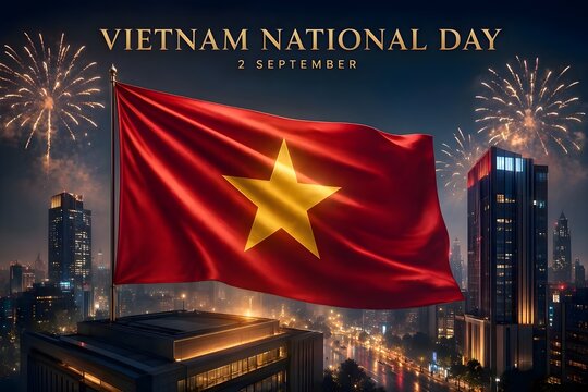 Vietnam National Day night background, illuminated Vietnamese flag floating above a sophisticated red cityscape, golden fireworks in the distance, glowing star emblem