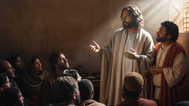 Jesus teaching a gathered crowd inside a humble home. Biblical scene of faith, salvation, compassion, and spiritual guidance inspired by the Gospel of Luke.