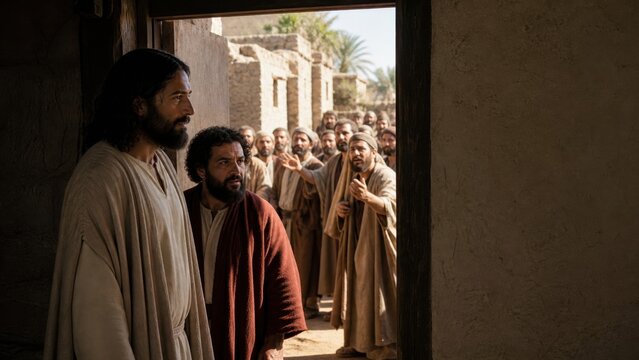 Jesus welcomes Zacchaeus at his home while a crowd gathers outside in Jericho. Biblical scene of repentance, salvation, forgiveness, and spiritual transformation.