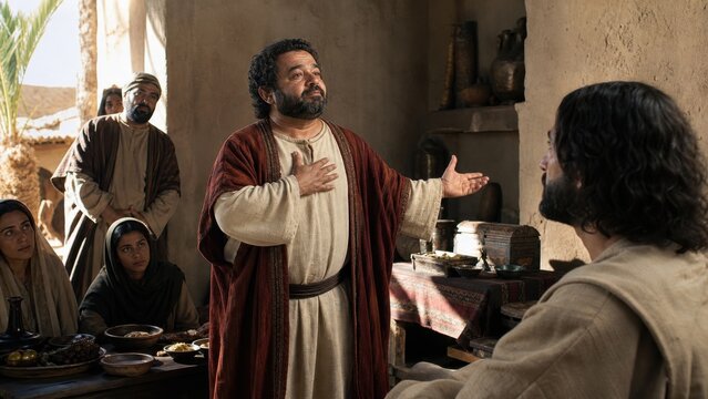 Biblical scene of Zacchaeus welcoming Jesus into his home while speaking before gathered guests. Religious drama about repentance, salvation, forgiveness, and generosity.