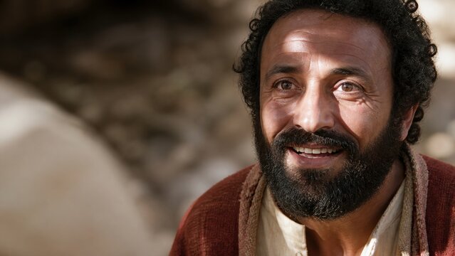Smiling biblical era man portraying Zacchaeus after welcoming Jesus. Portrait of repentance, salvation, faith, and joyful spiritual transformation from the Gospel of Luke.