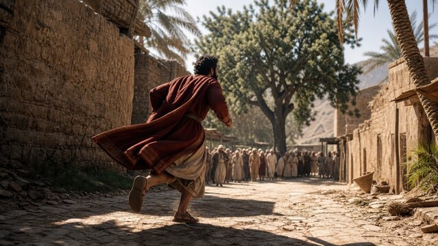 Zacchaeus hurrying through an ancient Jericho street to see Jesus. Biblical scene of faith, repentance, and salvation from the Gospel of Luke.