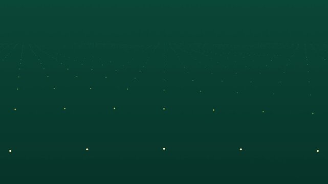 Waving ocean of glowing dot particles, seamless loop motion background, emerald gold