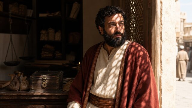 Zacchaeus the tax collector standing in his ancient shop. Biblical scene from the Gospel of Luke portraying wealth, repentance, forgiveness, salvation, and the transformative encounter with Jesus.