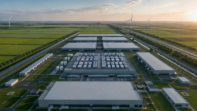 Modern Data Center Campus and Renewable Energy Infrastructure Aerial View
