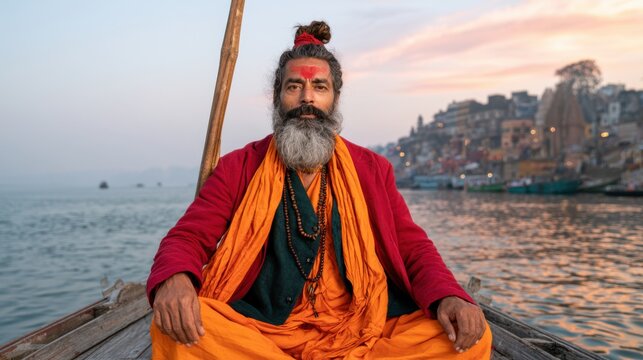 A serene holy man with traditional attire and face paint sits cross-legged on a boat by a riverside city at sunset.