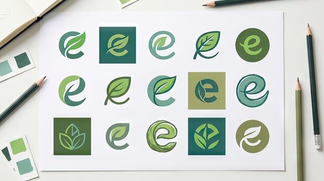 Multiple green leaf letter e logo variations.