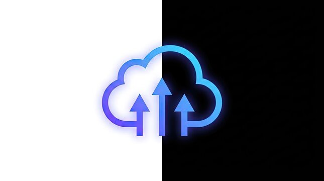 Neon cloud icon with rising arrows on dark.