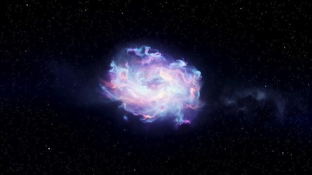 Colorful nebula cloud formation in deep space with swirling gases and stars, showcasing vibrant hues of pink, blue, and purple against a dark cosmic background