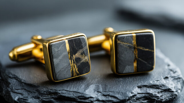 Two black stone cufflinks with gold stripes rest on a dark stone surface. The background is smooth and adds depth to the scene