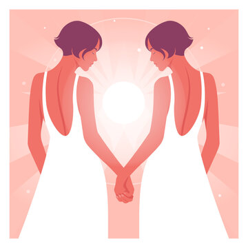 Two women facing each other with eyes closed, holding hands from behind, forming a symmetrical silhouette around a glowing light source. Flat vector illustration