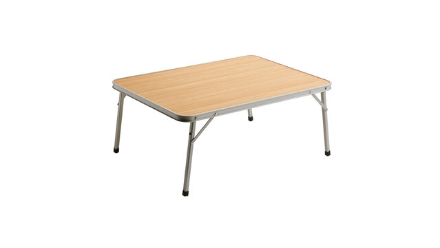 Lightweight portable folding table with wood grain surface with table featuring light legs white background surface silver metal displays portable recreation furniture
