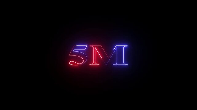 5 M neon glowing text animation on black background, 5 Million achievement for social media 4K video animation.