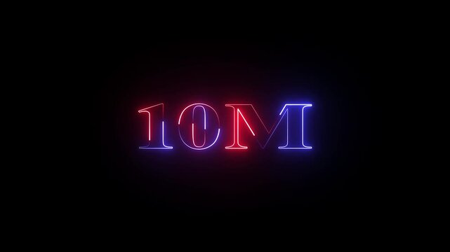 10 M million neon glowing text animation on black background, 10 Million achievement for social media 4K video animation.