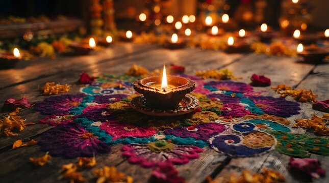 A single lit diya lamp placed on a colorful traditional rangoli pattern on a wooden floor, surrounded by scattered flower petals and soft bokeh lights