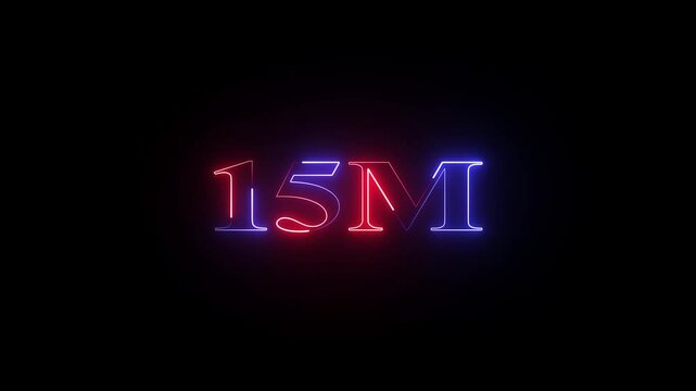 15 M neon glowing text animation on black background, 15 Million achievement for social media 4K video animation.