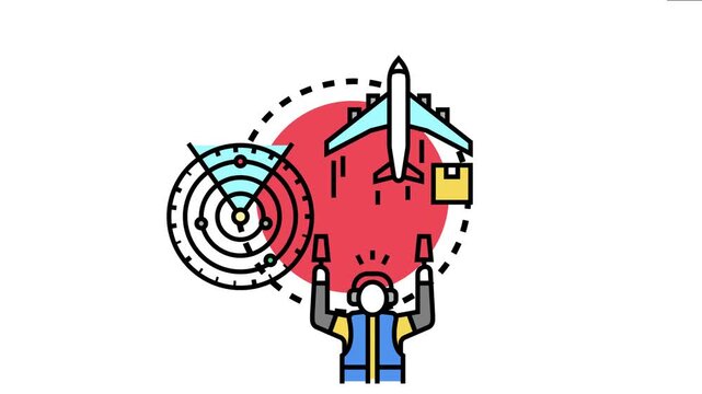 Aircraft tracking system airport operations, featuring a plane, radar screen, and ground staff directing movements for safe aviation management and flight dispatch