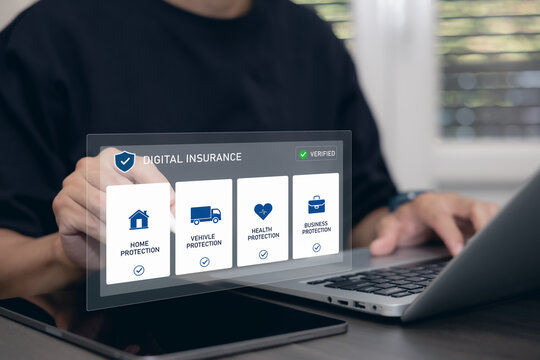 Digital insurance platform showing home, vehicle, health and business coverage options, representing online policy management, risk protection and modern insurtech services.
