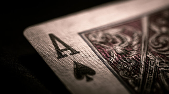 A close view of an ace of spades card is on a dark surface. The card shows detailed patterns and textures. This setting highlights the card's features and design