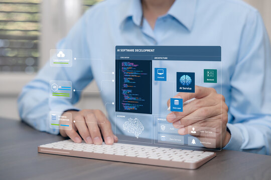 AI software development interface with code editor, application architecture, API, database and cloud deployment for intelligent programming and modern software engineering.
